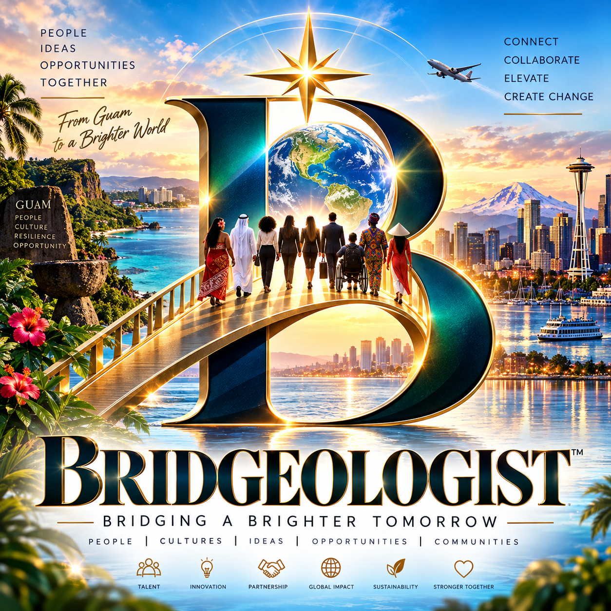 Bridgeologist artwork connecting Guam, Seattle, people, cultures and global opportunity